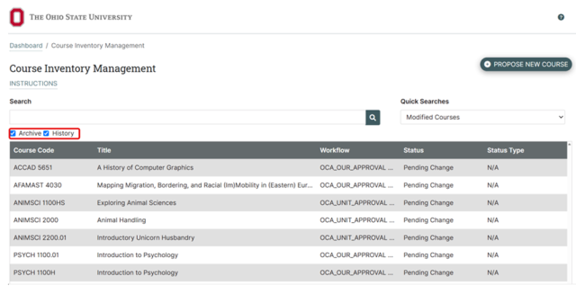 Screenshot of a course inventory management dashboard from Ohio State University showing a table of courses with columns for Course Code, Title, Workflow, Status, and Status Type. The interface includes options to archive or view history of courses, a search bar, and a button to propose a new course, with course statuses indicating new or pending changes.