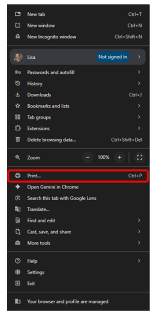Screenshot of a browser menu showing various options such as New tab, New window, History, Downloads, and Print, with the Print option highlighted by a red rectangle. The menu includes keyboard shortcuts for several actions and indicates the user is not signed in.