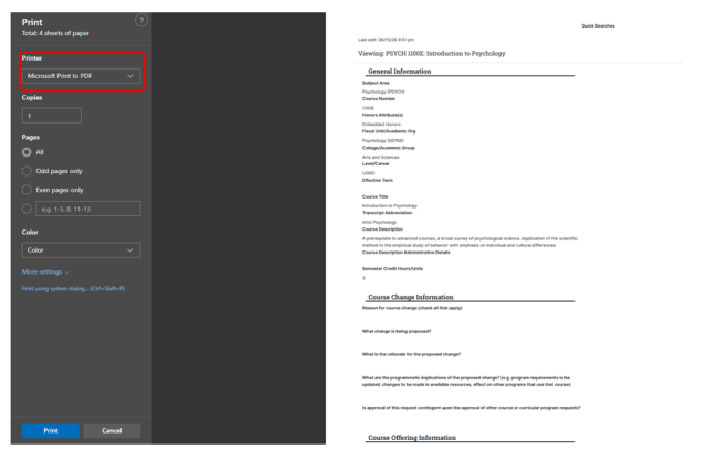 Screenshot of a print dialog box showing options for saving a document titled "PSYCH 1100E Introduction to Psychology". The drop-down menu for "destination" is circled in red.
