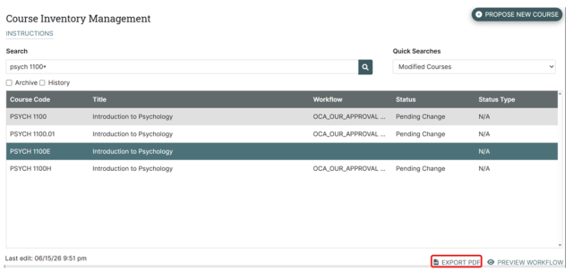 Screenshot of a course inventory management interface displaying a list of psychology courses with columns for course code, title, workflow, status, and status type. The interface includes options for searching courses, exporting course details as PDF, previewing workflow, and buttons for inactivating or editing courses. The "export PDF" link is circled in red.