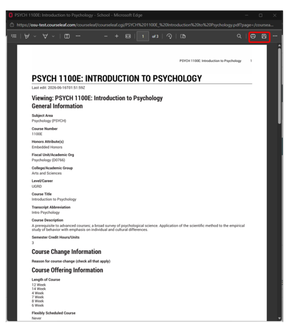 Screenshot of a course information page for PSYCH 1100E Introduction to Psychology, detailing subject area, course number, academic group, level, title, abbreviation, description, and semester credit hours. The menu bar shows the download and print icons circled in red.