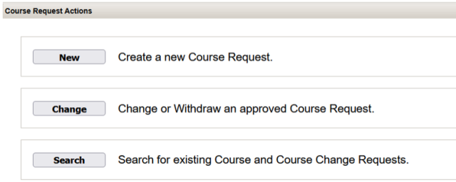 Screenshot of curriculum.osu.edu course request action menu displaying three buttons labeled New, Change, and Search. Each button is accompanied by a brief description explaining its function: creating a new course request, changing or withdrawing an approved request, and searching for existing course or course change requests.