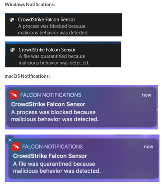 Messages from CrowdStrike telling the user that a process has been blocked and a file was quarantined to show examples.