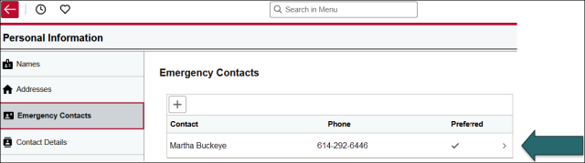 Screenshot of a user interface displaying an Emergency Contacts section within a Personal Information menu. It shows one contact, Martha Buckeye, with phone number 614-292-6446 marked as preferred, alongside navigation tabs for Names, Addresses, Emergency Contacts, and Contact Details on the left.