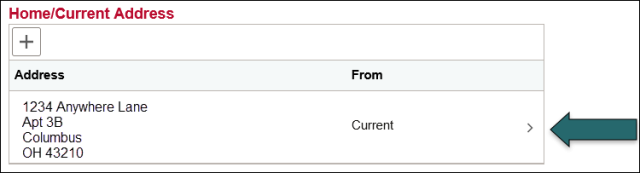 Screenshot of a Home/Current Address in My Buckeye Link. A callout on the right side points to the arrow that must be clicked to open the record to edit it. 