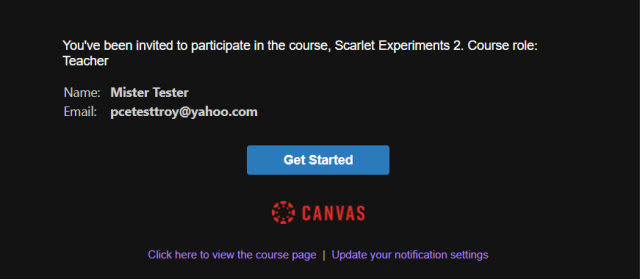 Invitation message to learner in Canvas for Continuing Ed with class name, learner name, email, username, and Get Started button