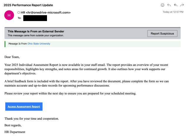 Subject: 2025 Performance Report Update, email is from an illegitimate domain encouraging recipients to click a bad link.