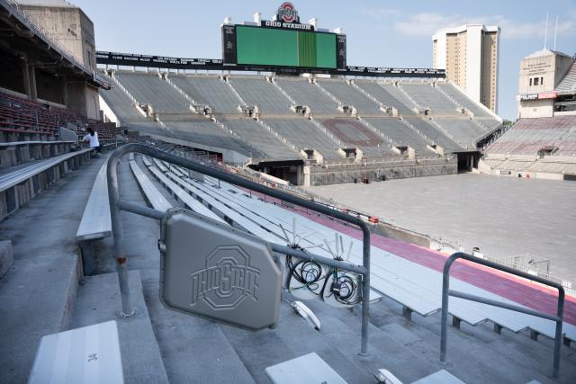 New Wi-Fi access points in Ohio Stadium during installation.