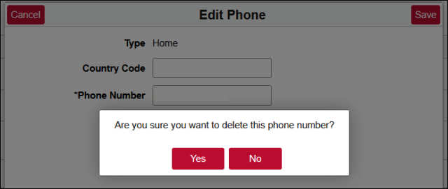 A screenshot showing the dialog box that pops up when you wish to delete a phone number. It says “Are you sure you want to delete this phone number?” and contains Yes and No buttons. Click the Yes button to delete the number. 