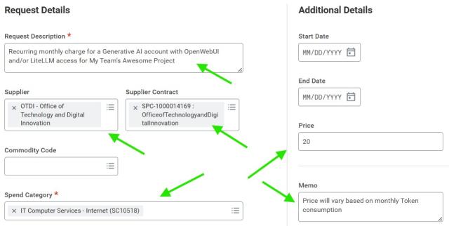 Request details with important content areas highlighted. The areas are discussed in the bulleted list above the image