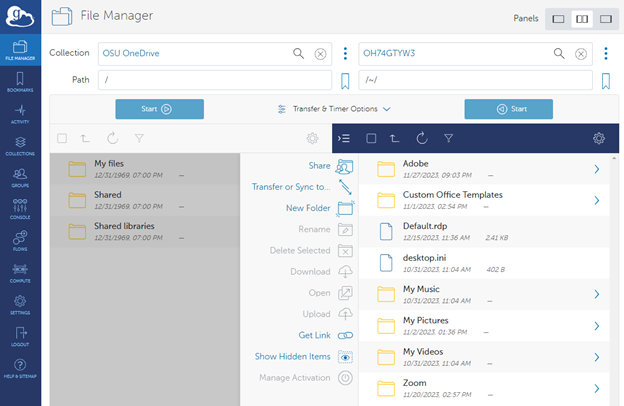 Screen shot showing Double panel layout as selected in top right, both Start buttons and middle menu for additional options.