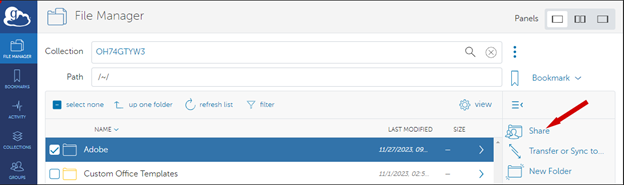 Globus Collection Manager with Share highlighted