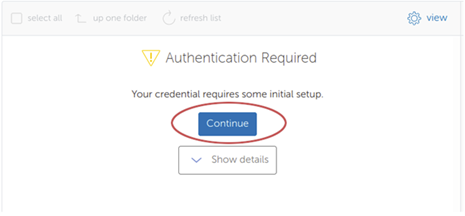 First time authentication click the continue button
