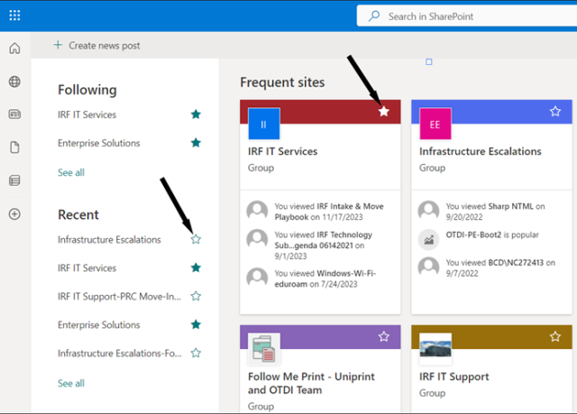 Sharepoint lists with follow icon highlighted