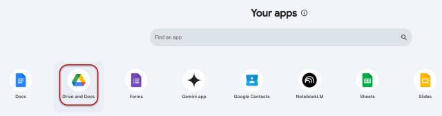 Drive and Docs icon highlighted in Google Workspace dashboard