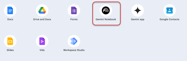 Gemini Notebook app highlighted in the dashboard