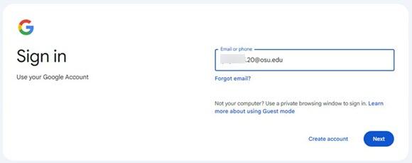 Google log in screen with username lastname.#@osu.edu
