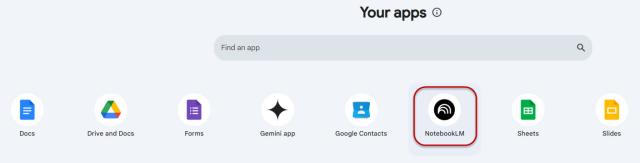 NotebokLM icon highlighted in the Google Workspace
