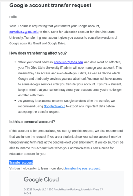 Copy of the email users will receive asking them to convert their account to an OSU managed account
