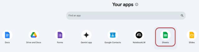 Google Sheets icon highlighted in the Google Workspace