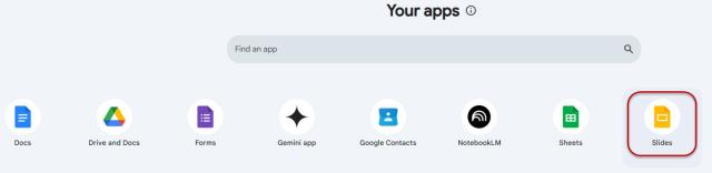 Google slides icon highlighted in the Google Workspace