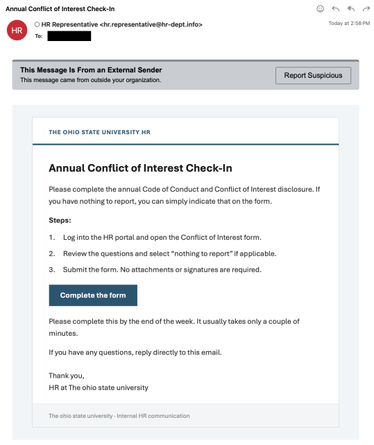 This is an internal HR-themed lure impersonating Ohio State University, asking the recipient to complete an annual Code of Conduct and Conflict of Interest disclosure. It uses a numbered three-step list and a blue "Complete the form" button to drive the click, with soft urgency ("by the end of the week") and an offer to reply with questions. The design mimics a legitimate internal HR notice — clean letterhead bar, muted OSU-style palette, and a plain footer reading "Internal HR communication."