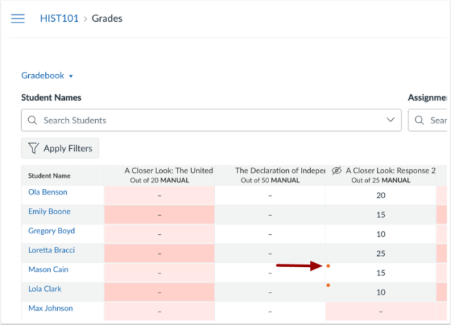 Gradebook indicator icon for Hidden grades