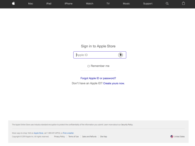 This image displays a mock-up of an Apple Store sign-in page, appearing as a landing site for a phishing attempt . It features a central "Sign in to Apple Store" header above an input field for an Apple ID and links for forgotten credentials . The page includes a standard Apple navigation bar at the top and a footer with legal disclaimers and a 2019 copyright notice