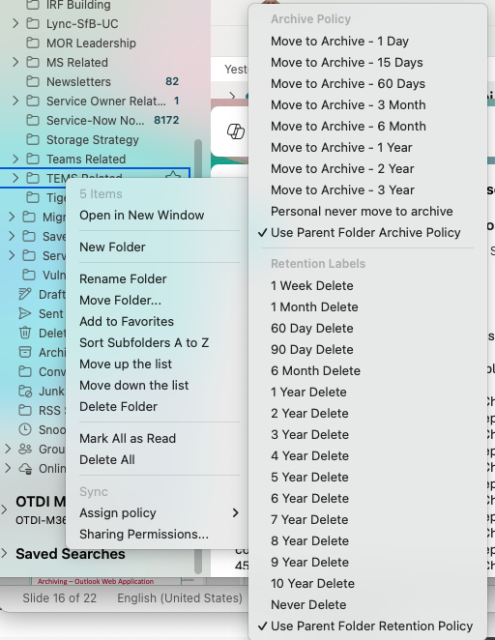 Action menu on mac open with retention policies set