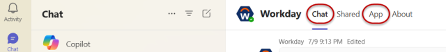 Chat and App options highlighted at the top of the Workday Everywhere interface