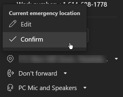 Location for Emergency Services menu open, showing the Edit and Confirm options.