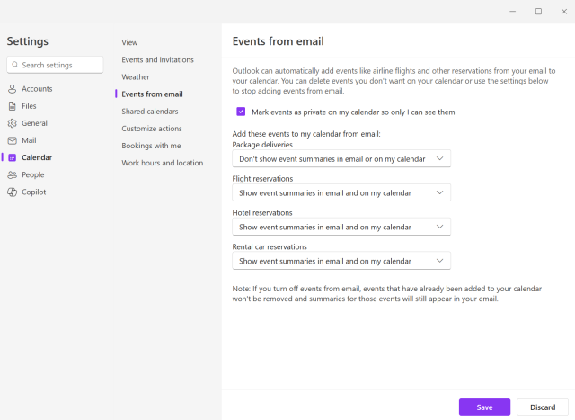 Settings for Calendar that show Events from Email