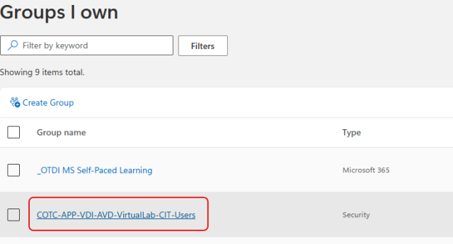 Groups I own Microsoft interface showing a list with the name highlighted
