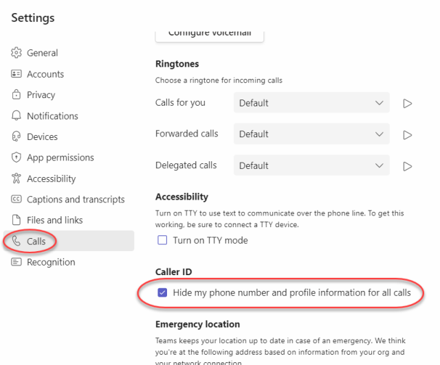settings window with calls selected and Hide my phone number checkbox marked