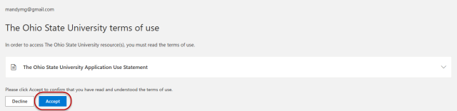 OSU agreement window with Accept button highlighted