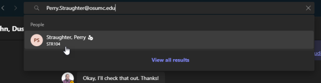 Results of searching a medical center email address with the correct option shown