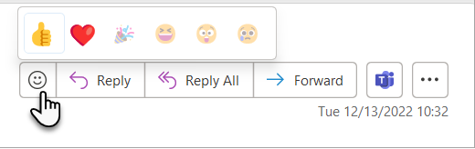 Outlook reactions bar from an email with the mouse hovering over the face icon to show the different reactions.