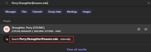 Search results in teams showing a medical center email address in the results properly formatting, there is also the link to search externally for the user