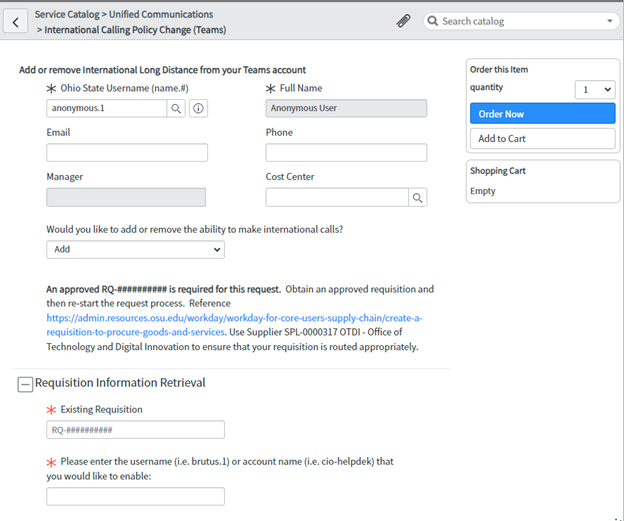 International calling form