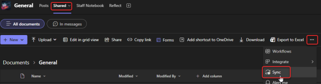 Sync option highlighted in the Files menu