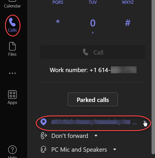 Teams interface with the Calls icon highlighted in the left navigation panel. Location for Emergency services option is highlighted.