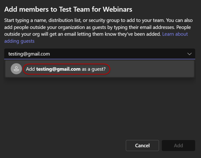 Teams window with an email address highlighted to be added as a guest