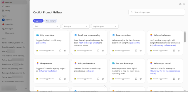 Copilot Prompt gallery with sample prompts available to be used