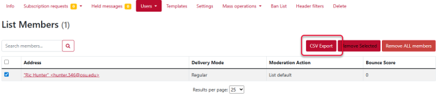 CSV Export selected in the top navigation menu of the list members screen