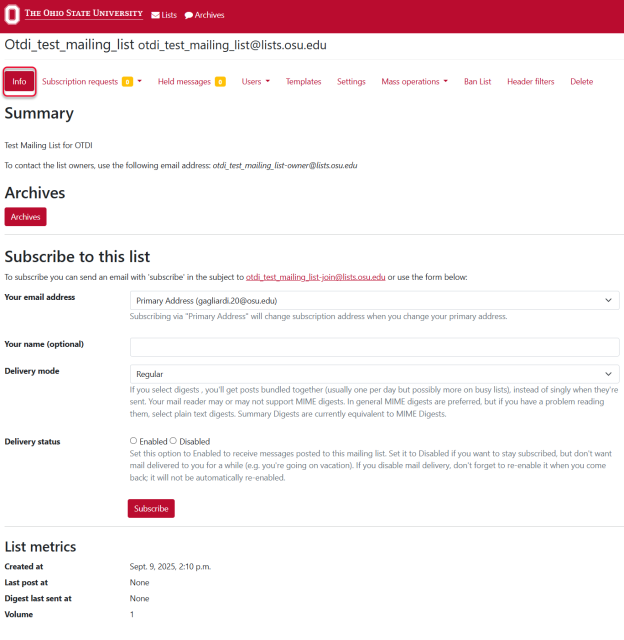 Details of the selected mailing list