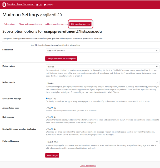 List Based Settings with List based preferences highlighted at the top