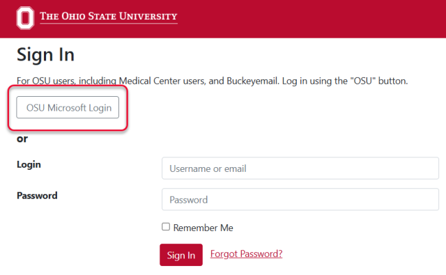 log in screen with OSU Microsoft Log in button highlighted