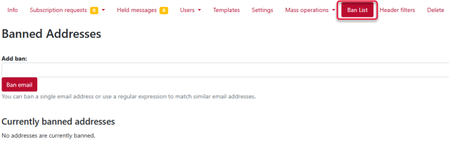 Ban List option selected in top navigation menu