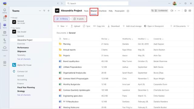 screenshot showing new Shared tab categories in Teams
