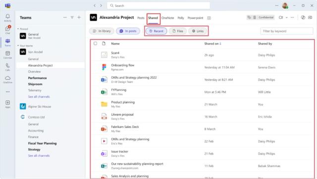 screenshot showing new Shared tab content types in Teams